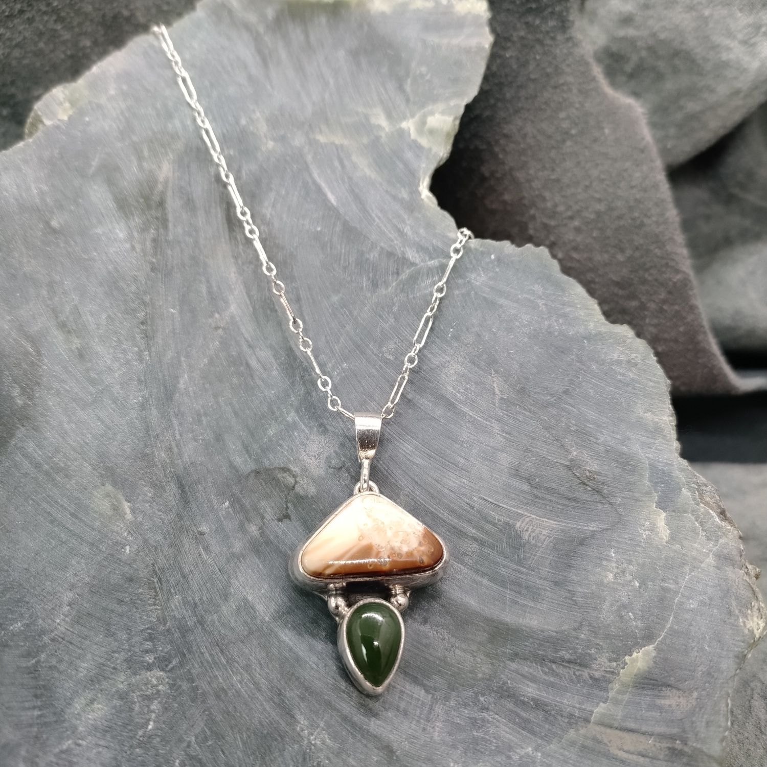 Fossil Walrus Ivory and Jade Necklace