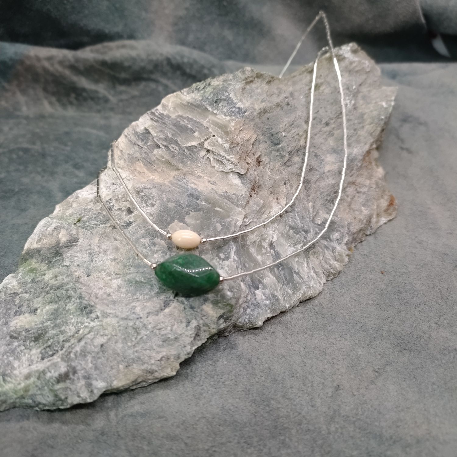 Woolly Mammoth Ivory and Jade Double Stacked Necklace