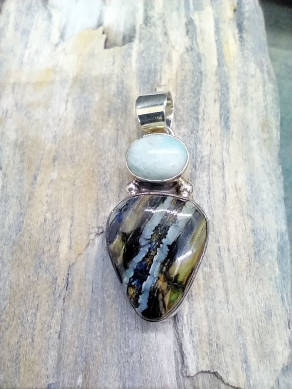 Woolly Mammoth Tooth and Larimar Pendent