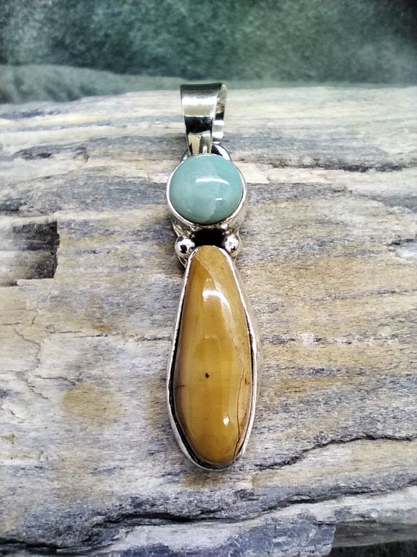 Fossil Walrus Ivory and Larimar Pendent