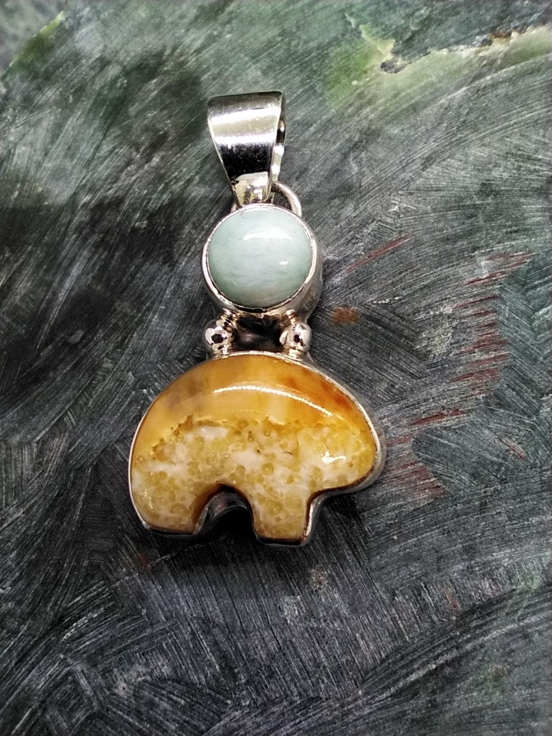 Fossil Walrus Ivory and Larimar Pendent &quot;Spirit Bear&quot;