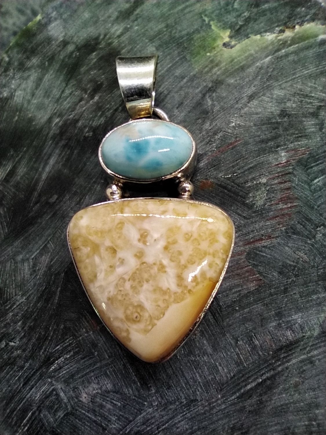 Fossil Walrus Ivory and Larimar Pendent