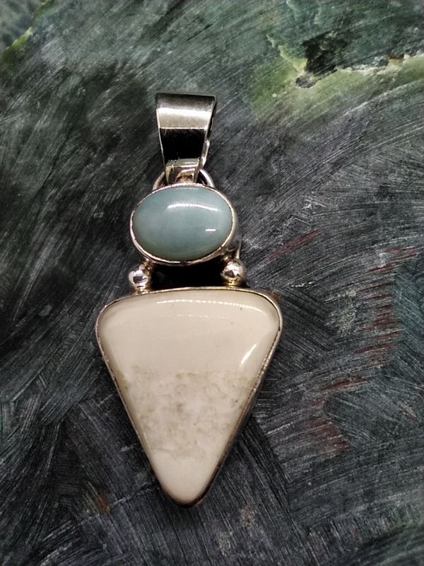 Fossil Walrus Ivory and Larimar Pendent