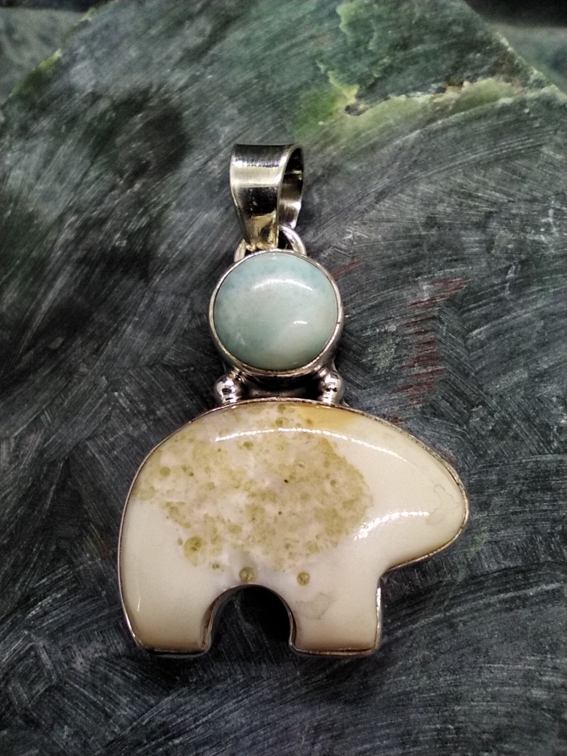 Fossil Walrus Ivory and Larimar Pendent &quot;Spirit Bear&quot;