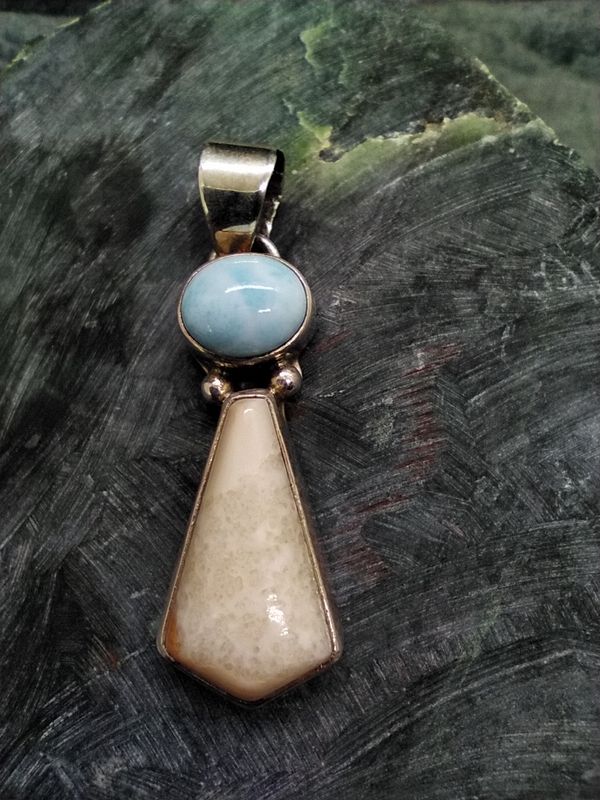 Fossil Walrus Ivory and Larimar Pendent