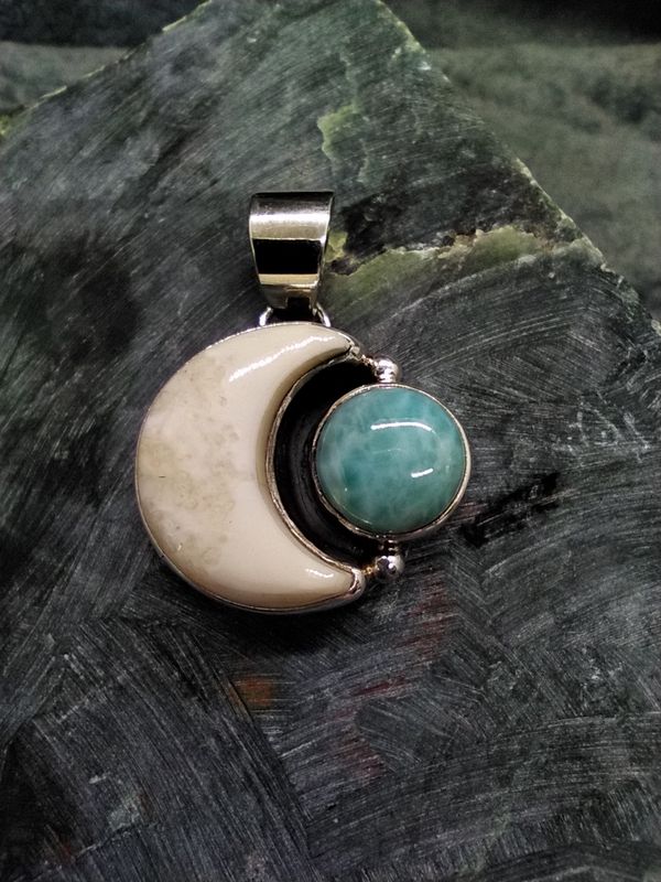 Fossil Walrus Ivory and Larimar Pendent