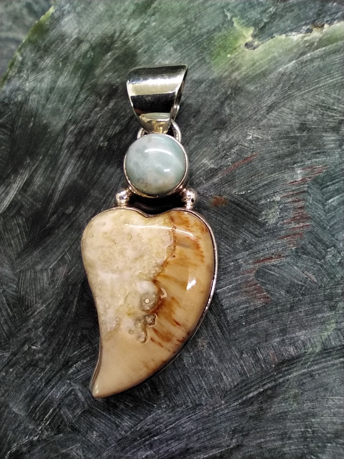 Fossil Walrus Ivory and Larimar Pendent