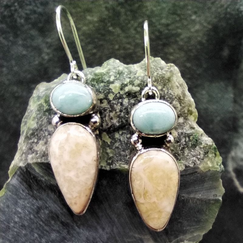 Fossil Walrus Ivory and Larimar Earrings