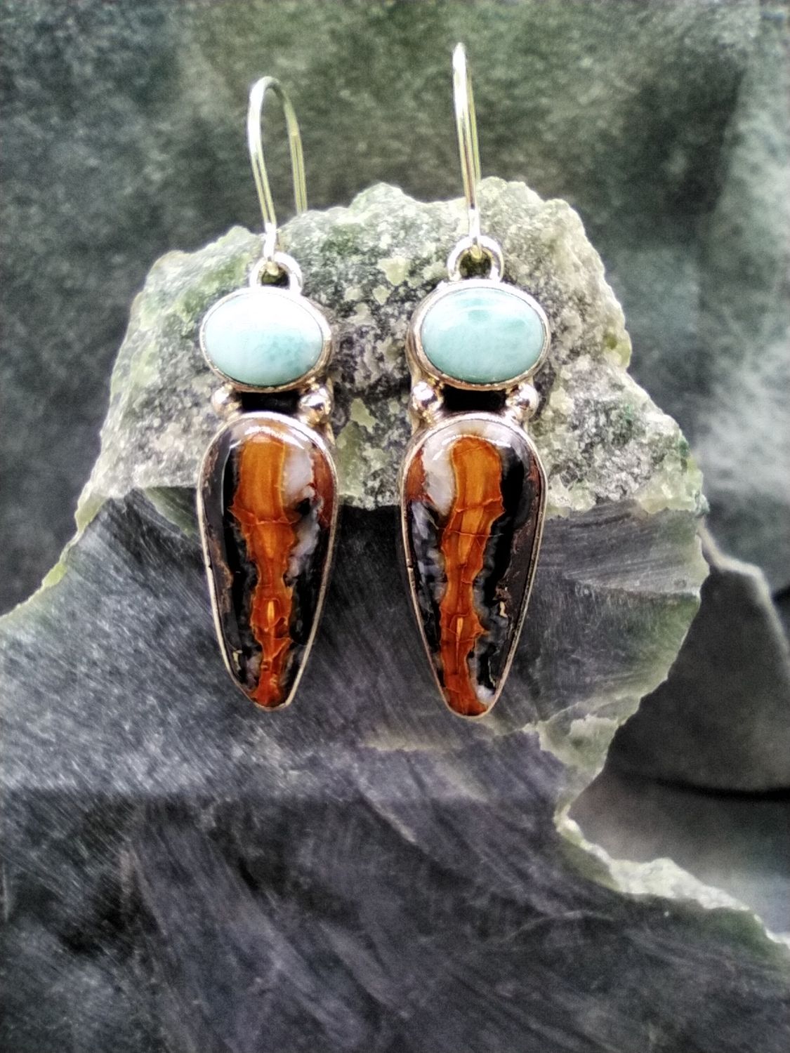 Woolly Mammoth Tooth and Larimar Earrings