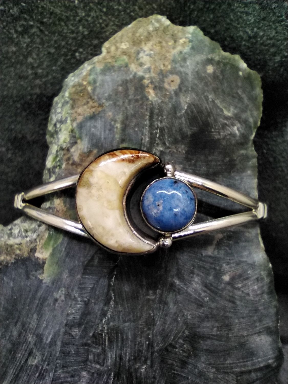 Fossilized Walrus Ivory and Denim Lapis Cuff Bracelet