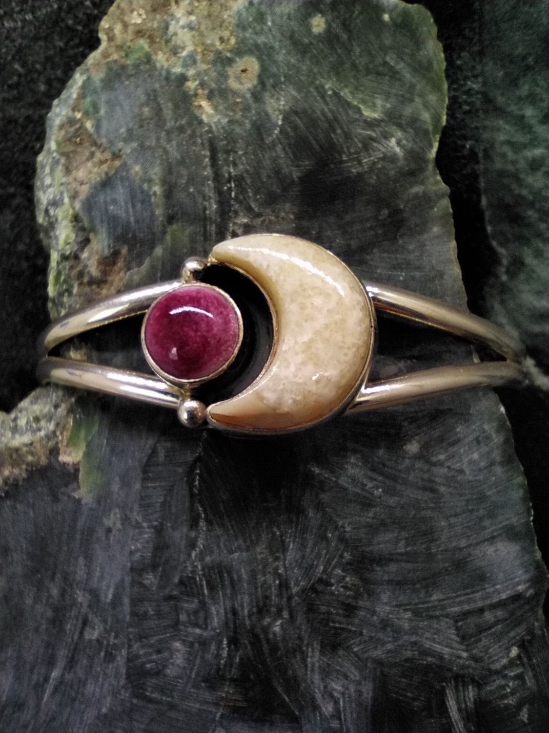 Fossilized Walrus Ivory and Spiny Oyster Cuff Bracelet