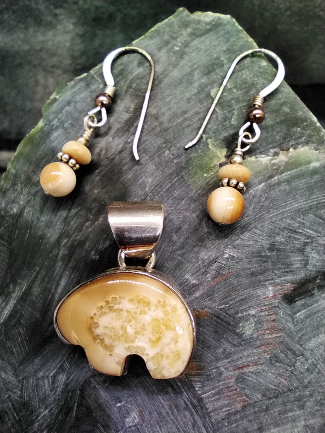 Fossil Ivory Pendant and Earrings Set