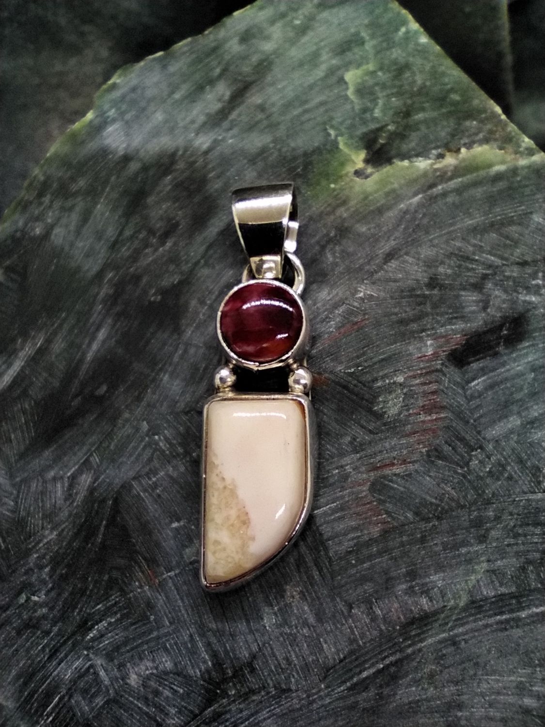 Fossil Walrus Ivory and Spiny Oyster Pendant