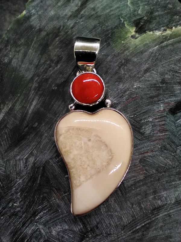 Fossil Walrus Ivory and Spiny Oyster Pendant