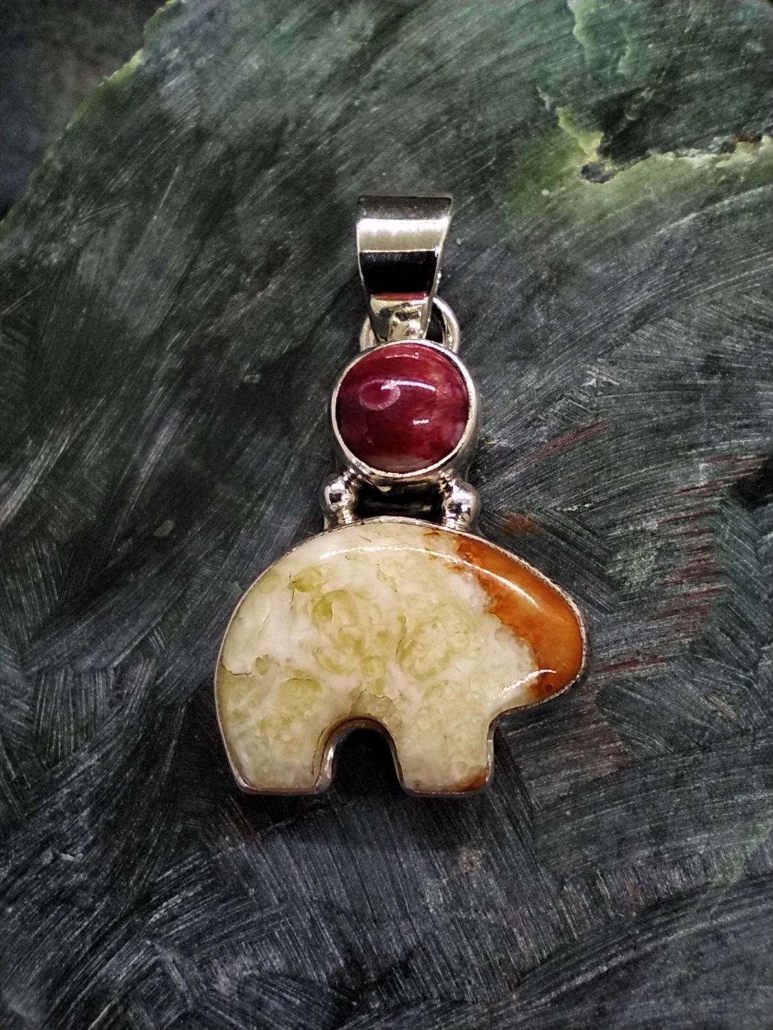 Fossil Walrus Ivory and Spiny Oyster Pendant &quot;Ice Bear&quot;
