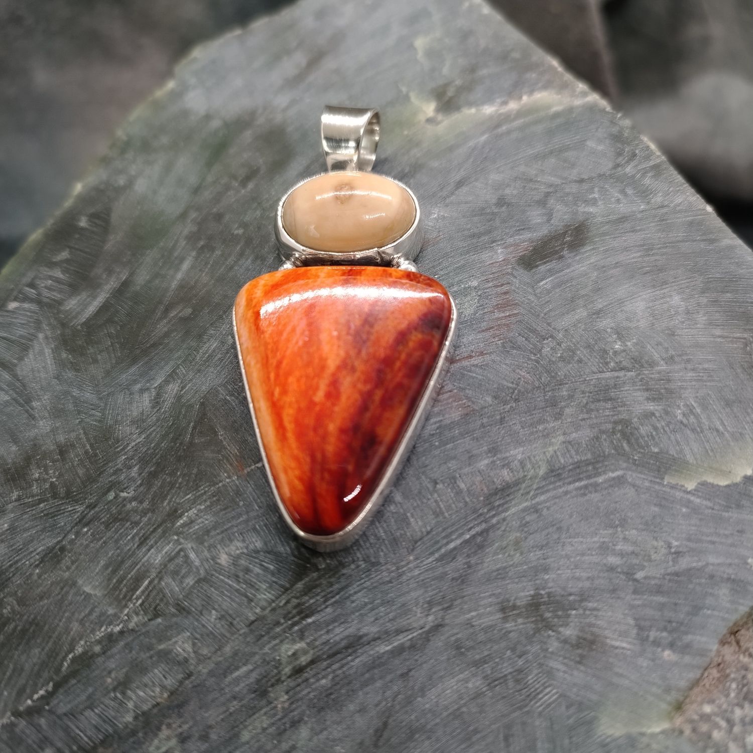 Fossil Walrus Ivory and Spiny Oyster Pendant