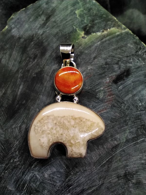 Fossil Walrus Ivory and Spiny Oyster Pendant