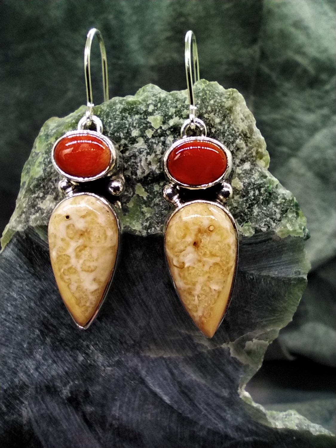 Fossilized Walrus Ivory and Spiny Oyster Earrings