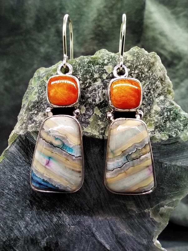Woolly Mammoth Tooth and Spiny Oyster Earrings