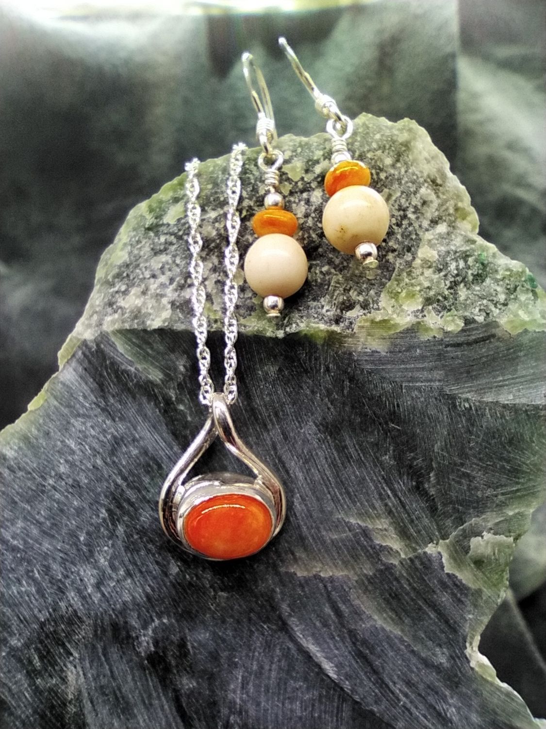 Fossilized Walrus Ivory and Spiny Oyster Earrings and Necklace Set