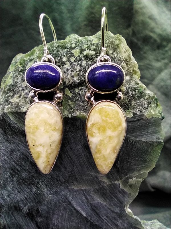 Denim Lapis and Fossil Walrus Ivory Earrings