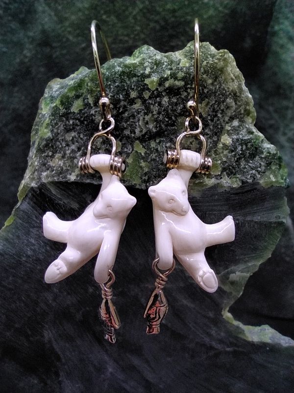 &quot;Hanging Bear holding Fish&quot; Earrings