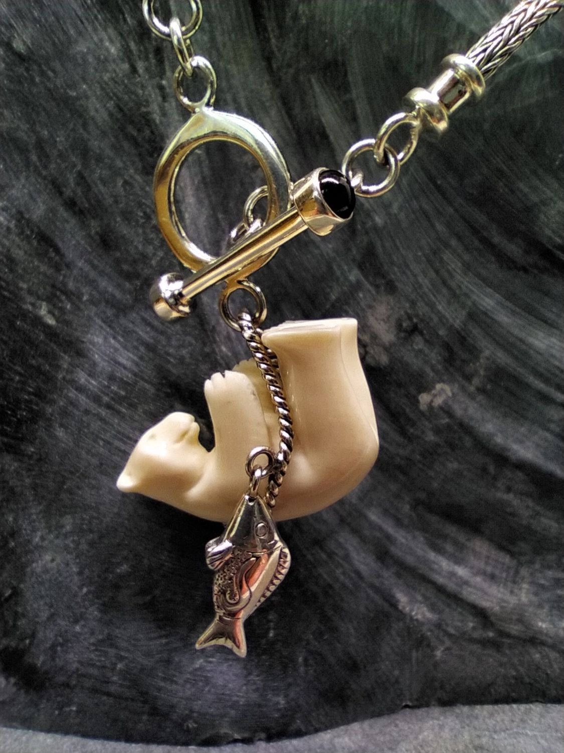 &quot;Hanging Bear with Fish Charms&quot; Necklace