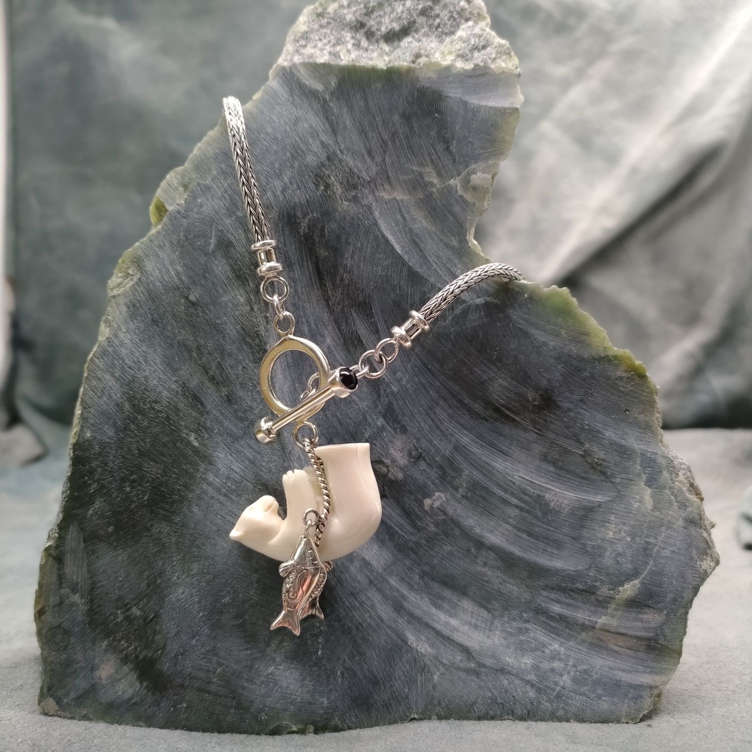 &quot;Hanging Bear with Fish Charms&quot; Necklace