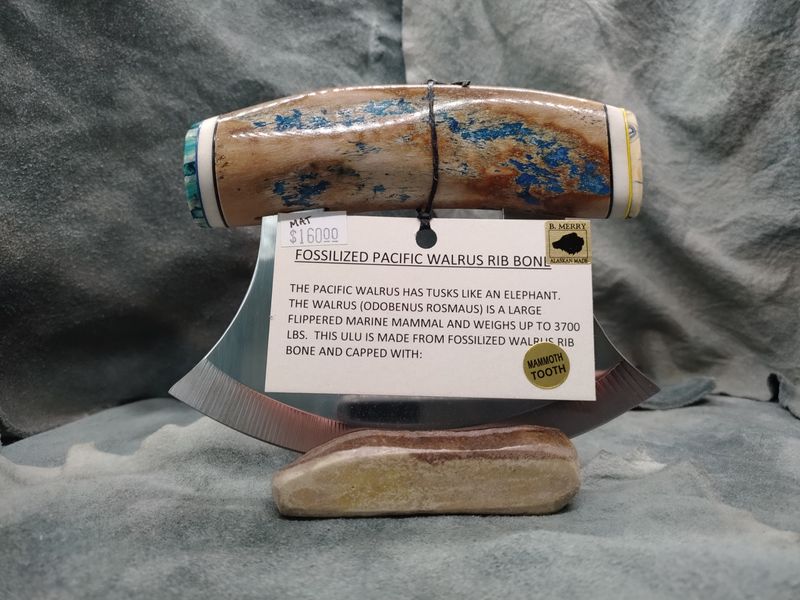 Fossilized Pacific Walrus Rib Bone, Mammoth Tooth, and Moose Antler Ulu