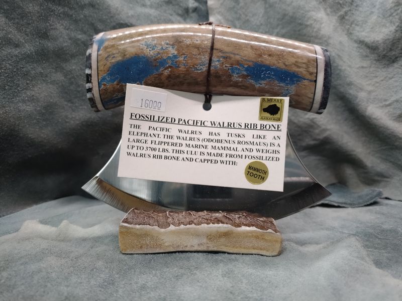 Fossilized Pacific Walrus Rib Bone, Mammoth Tooth, and Moose Antler Ulu