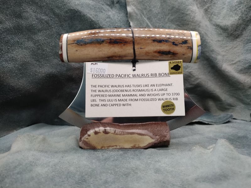 Fossilized Pacific Walrus Rib Bone, Mammoth Tooth, and Moose Antler Ulu
