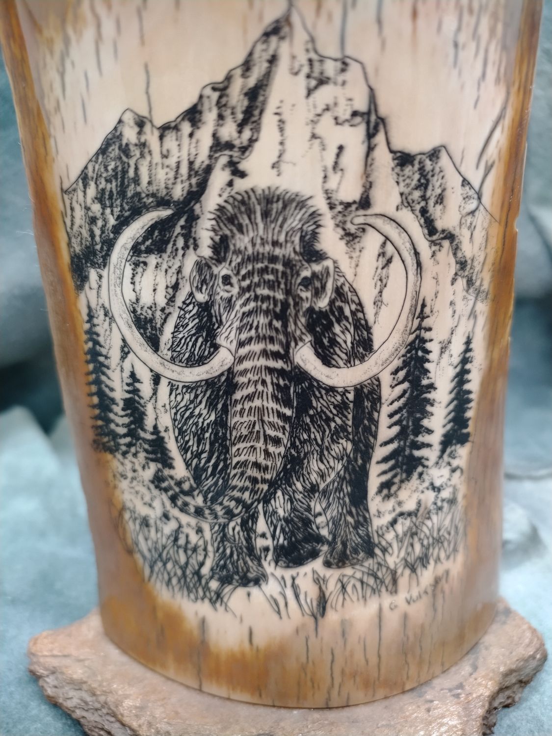 Woolly Mammoth Scrimshaw on Fossil Mammoth Ivory 
