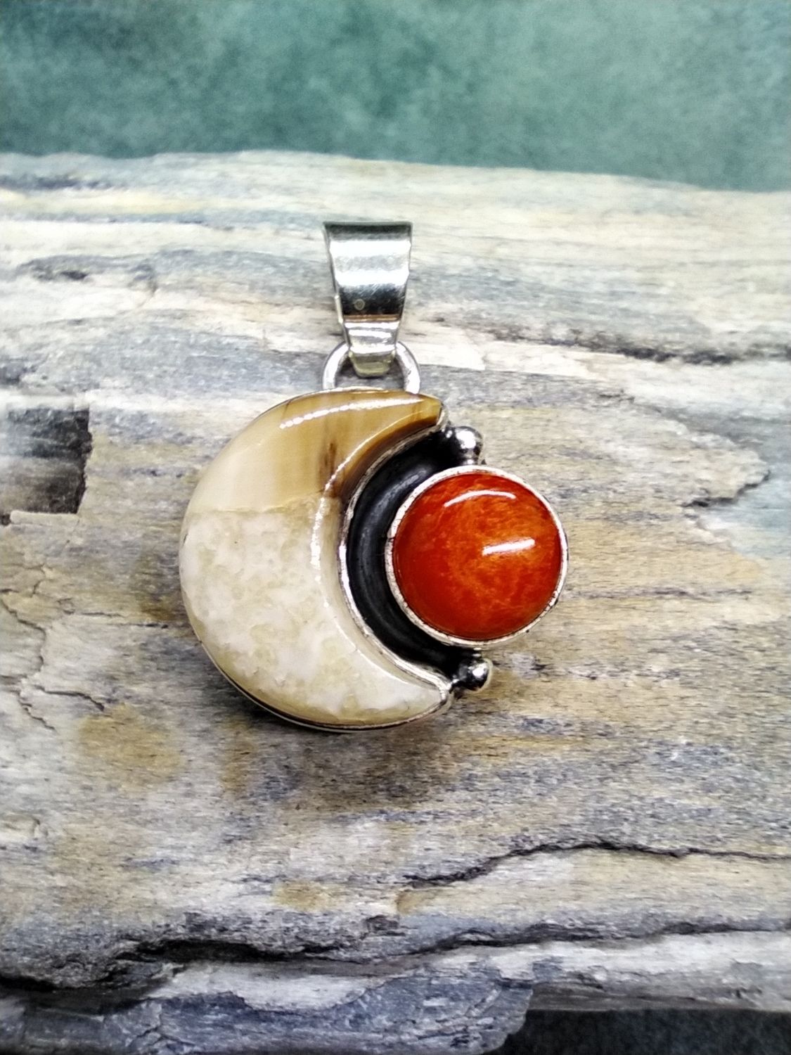 Fossil Walrus Ivory and Spiny Oyster Pendant