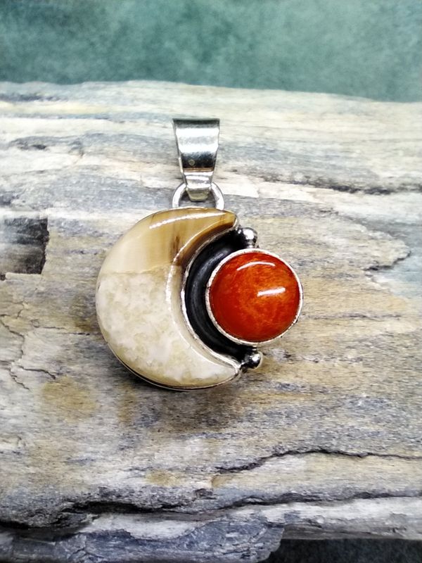 Fossil Walrus Ivory and Spiny Oyster Pendant