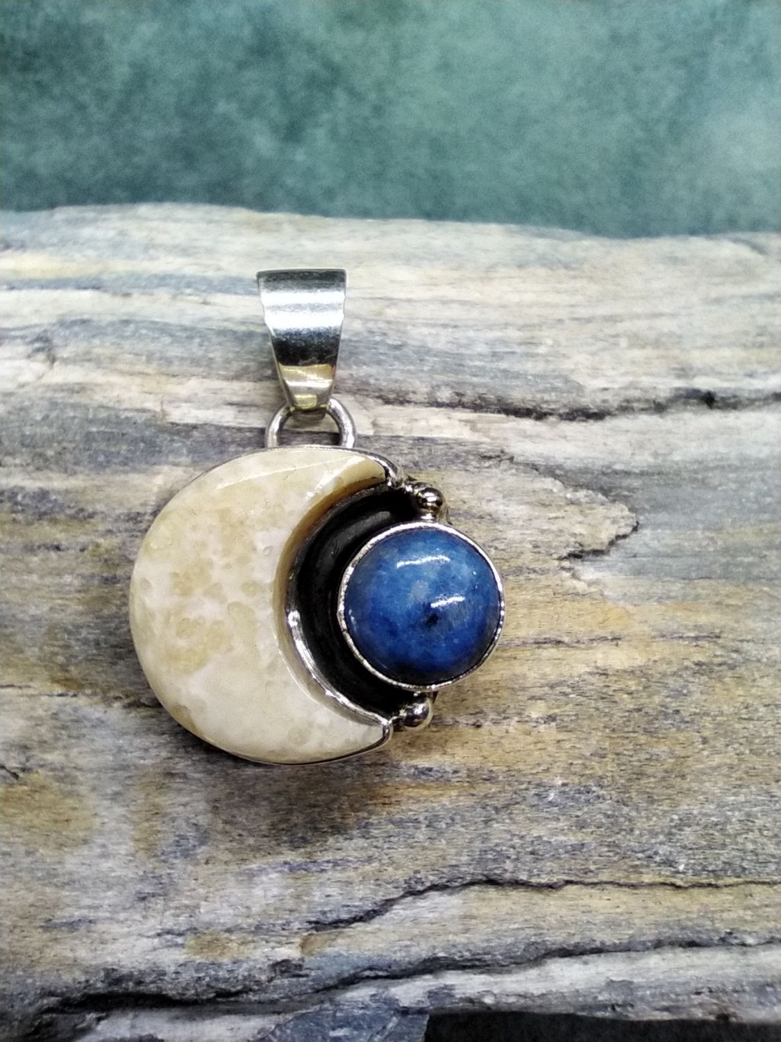 Fossilized Walrus Ivory and Denim Lapis Pendant