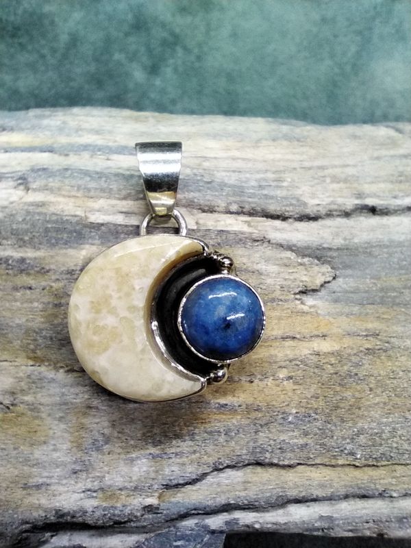 Fossilized Walrus Ivory and Denim Lapis Pendant