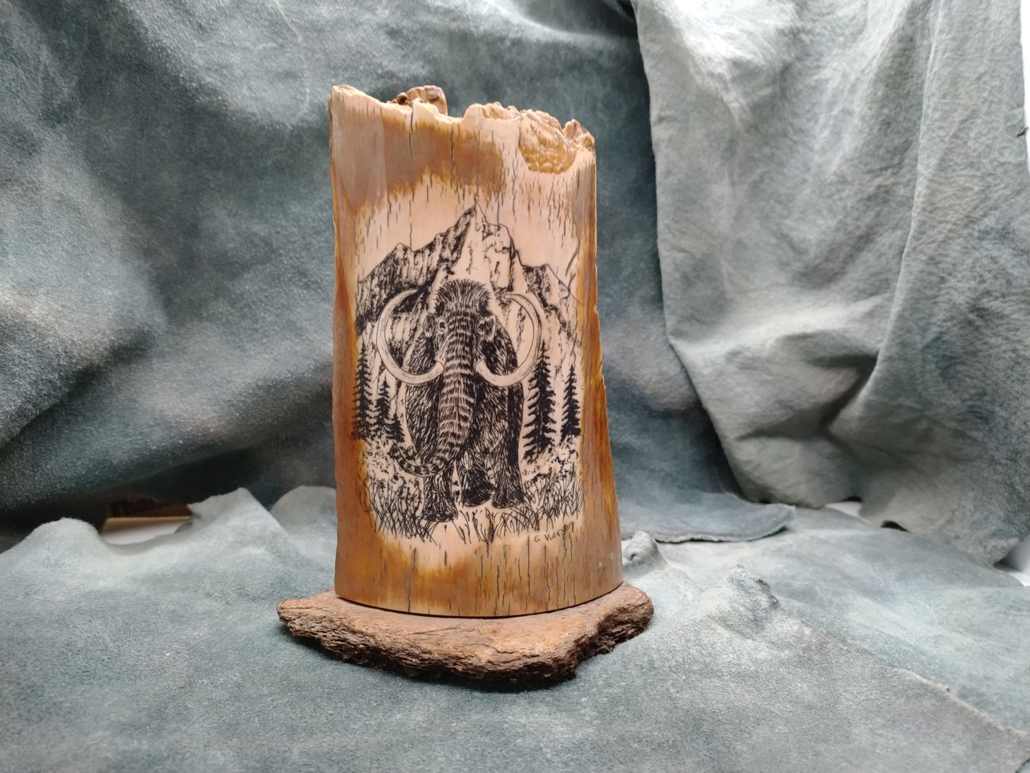 Woolly Mammoth Scrimshaw on Fossil Mammoth Ivory 