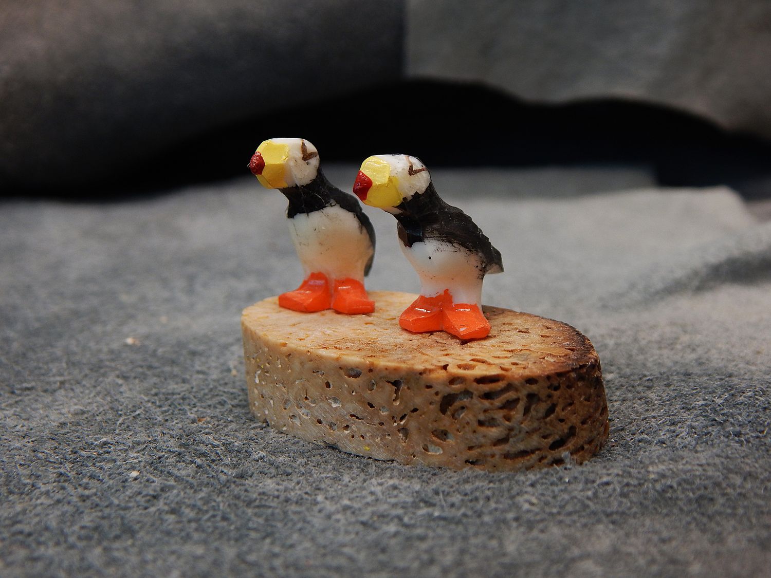 Puffin Pair on Fossil Walrus Jawbone