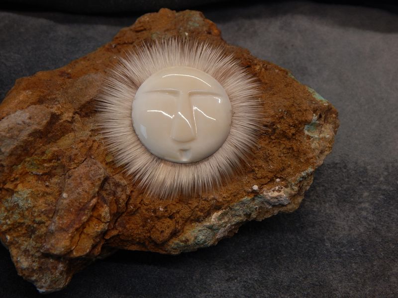 Walrus Ivory Eskimo Face Pin with Seal Fur