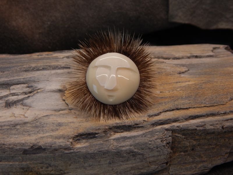Walrus Ivory Eskimo Face Pin with Seal Fur. (Small)