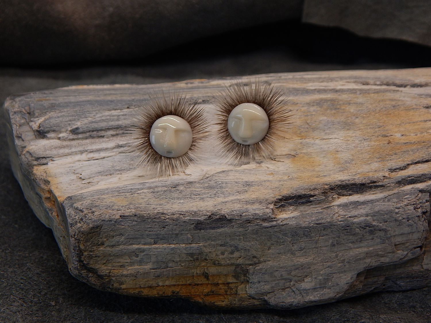 Walrus Ivory Eskimo Face Earrings With Seal Fur.