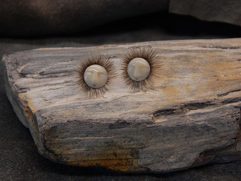 Walrus Ivory Eskimo Face Earrings With Seal Fur.
