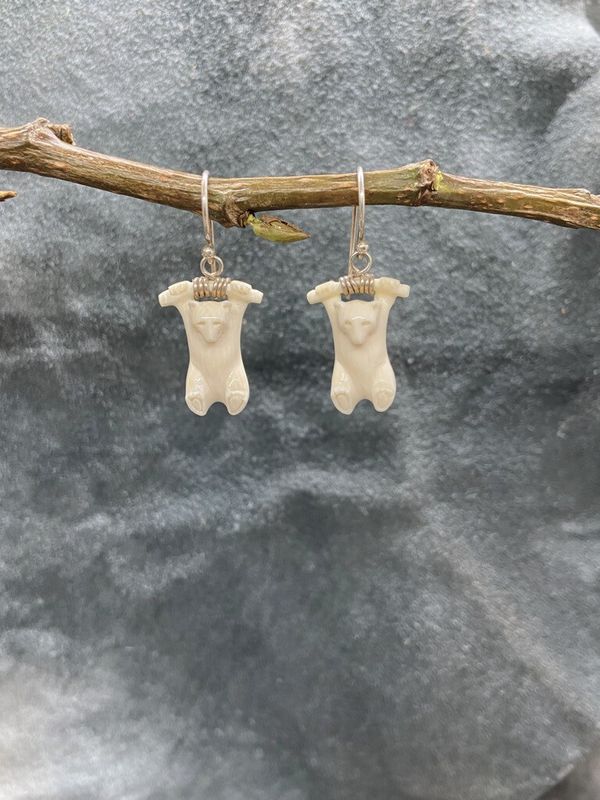 &quot;Hanging Bears&quot; Silver / Ancient Mammoth Tusk Earrings