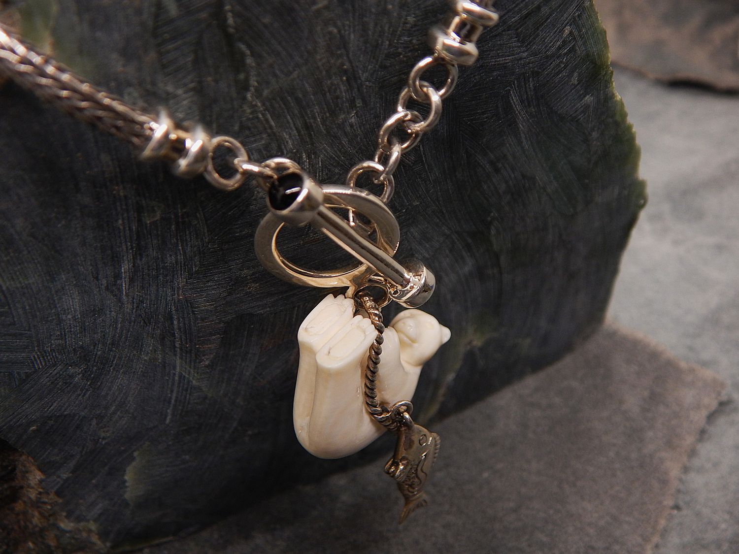 &quot;Hanging Bear with Fish Charms&quot; Necklace