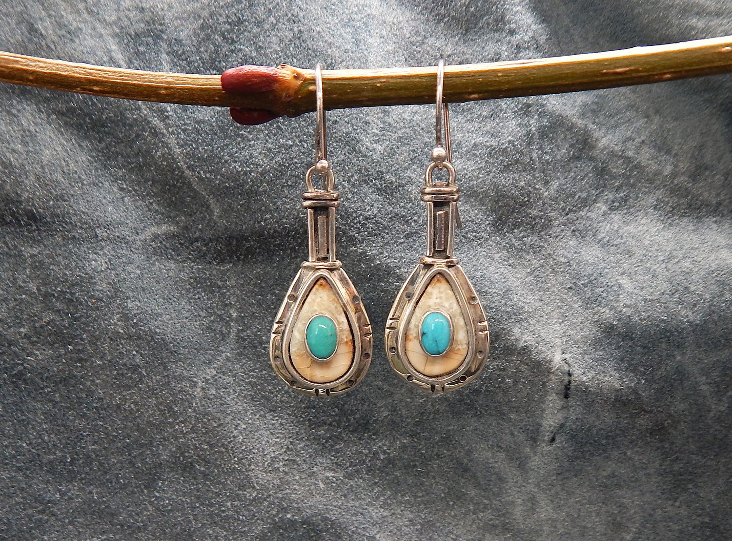 Fossilized Walrus Ivory &amp; Turquoise Tear Drop Earrings
