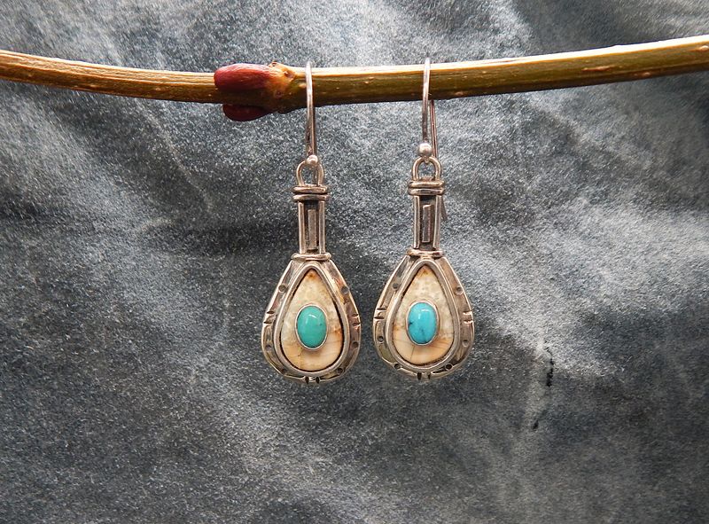 Fossilized Walrus Ivory &amp; Turquoise Tear Drop Earrings