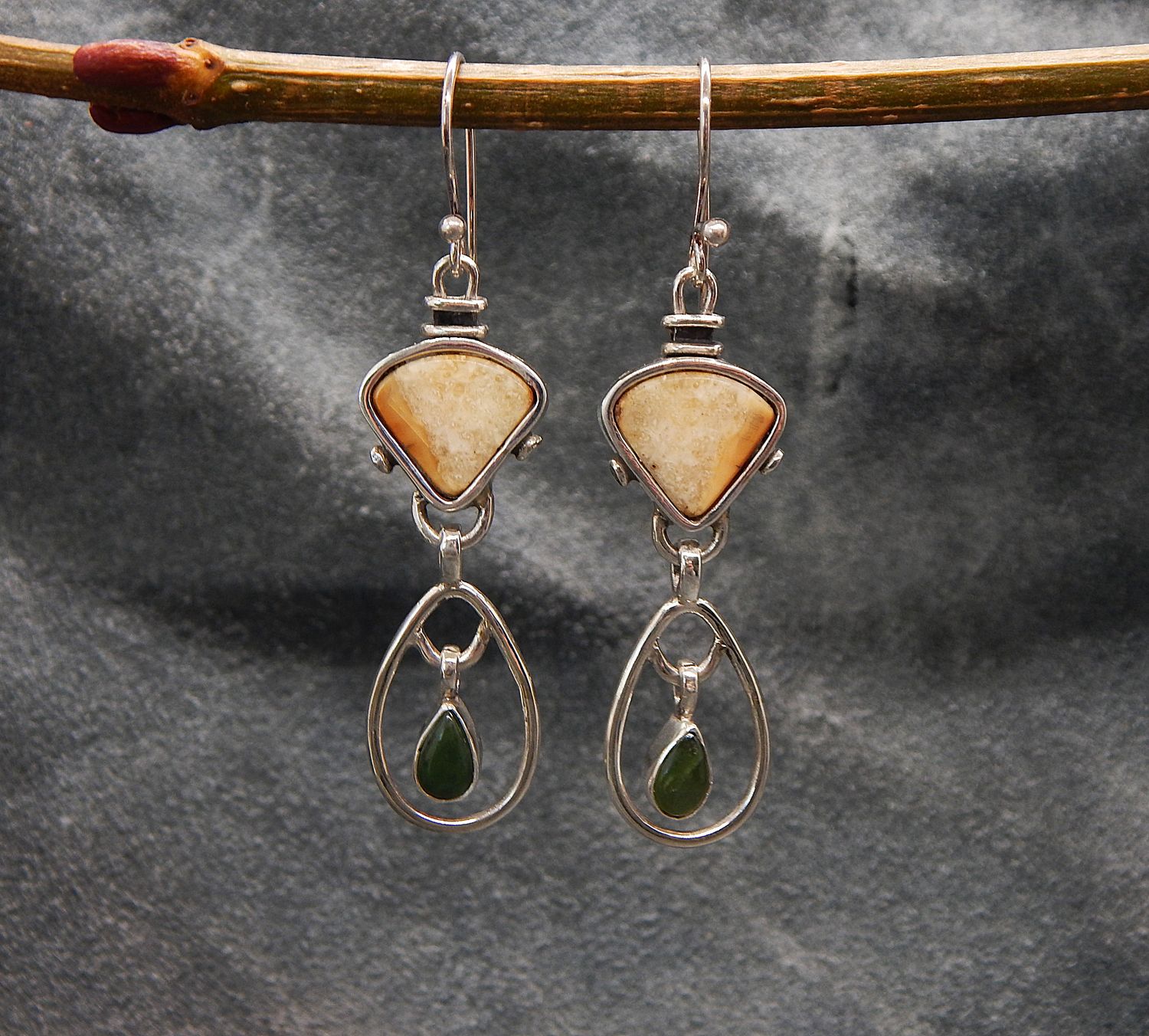Fossilized Walrus Ivory and Jade Earrings