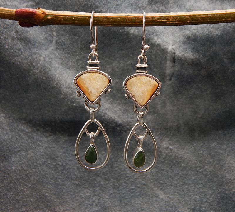 Fossilized Walrus Ivory and Jade Earrings