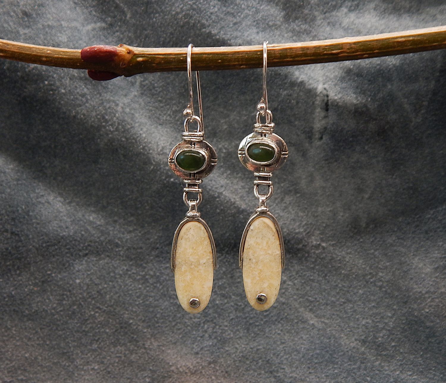 Fossilized Walrus Ivory &amp; Jade Dangle Earrings