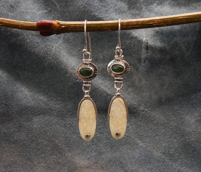 Fossilized Walrus Ivory &amp; Jade Dangle Earrings